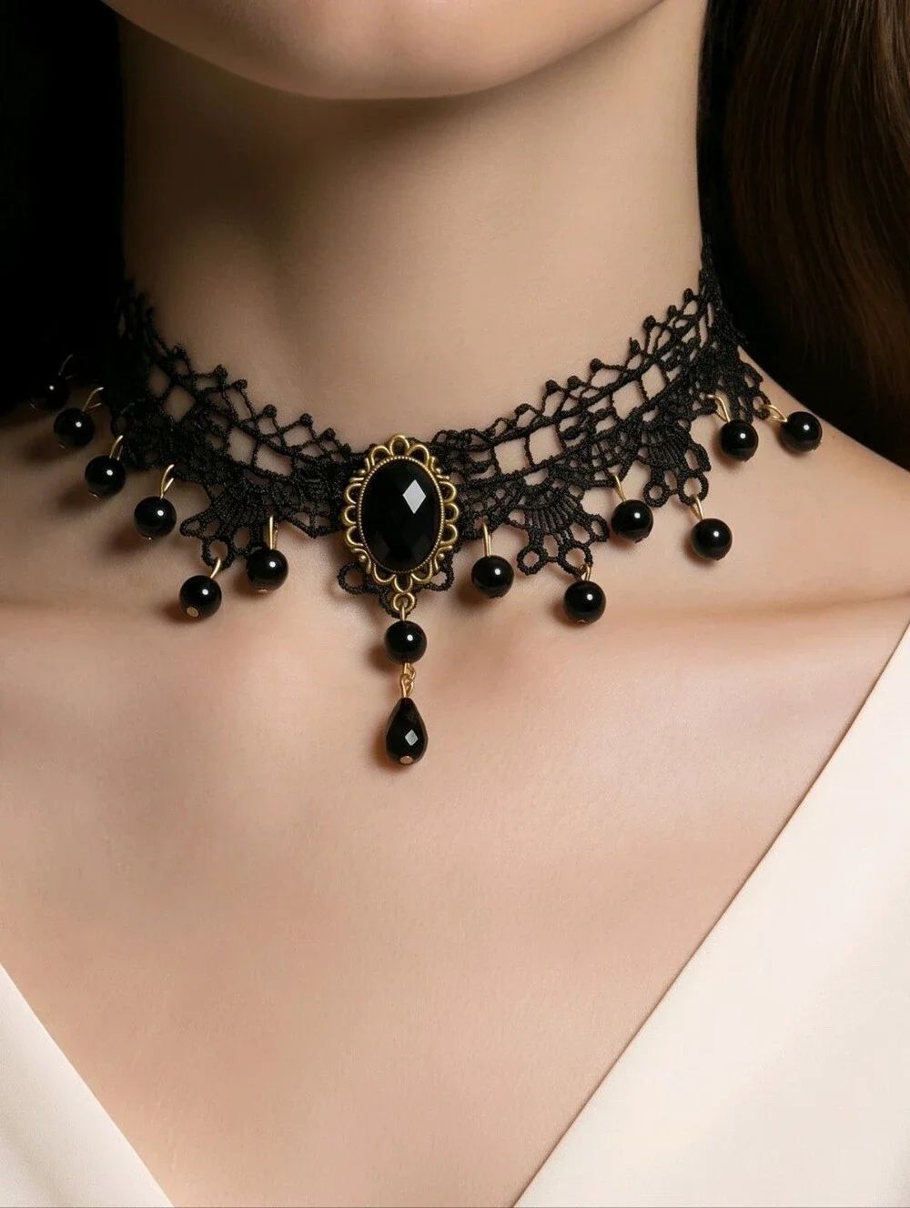 Gothic Lace Choker Black Gem Cathedral Beaded Necklace Dark Romance Goth Glamour
